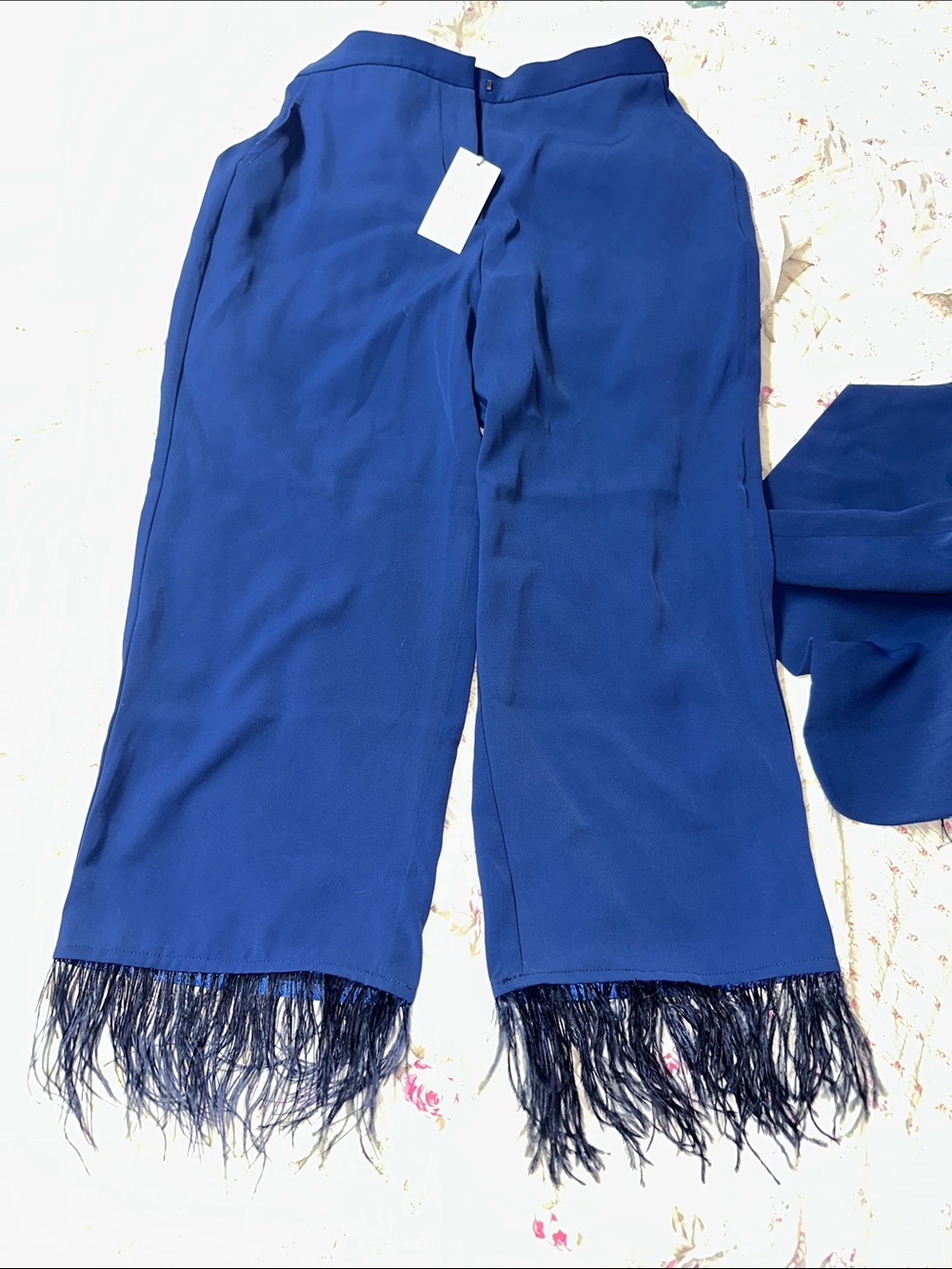 Wayf Royal Blue Fringe-Hem Wide Leg Pants